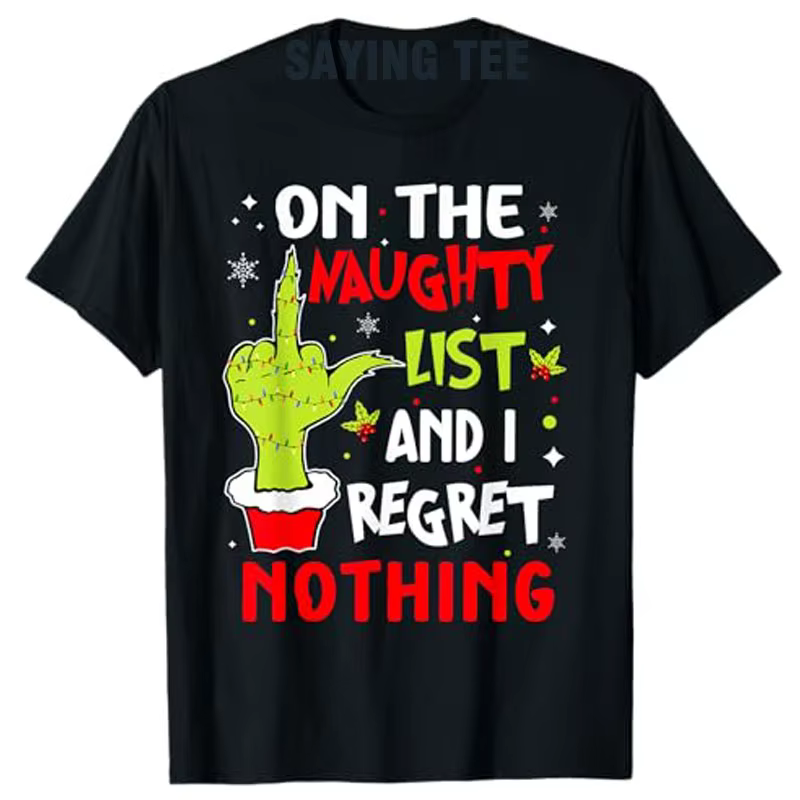 T-shirt humoristique du père Noël, drôle sur la liste des vilains et je ne regrette rien, costume de