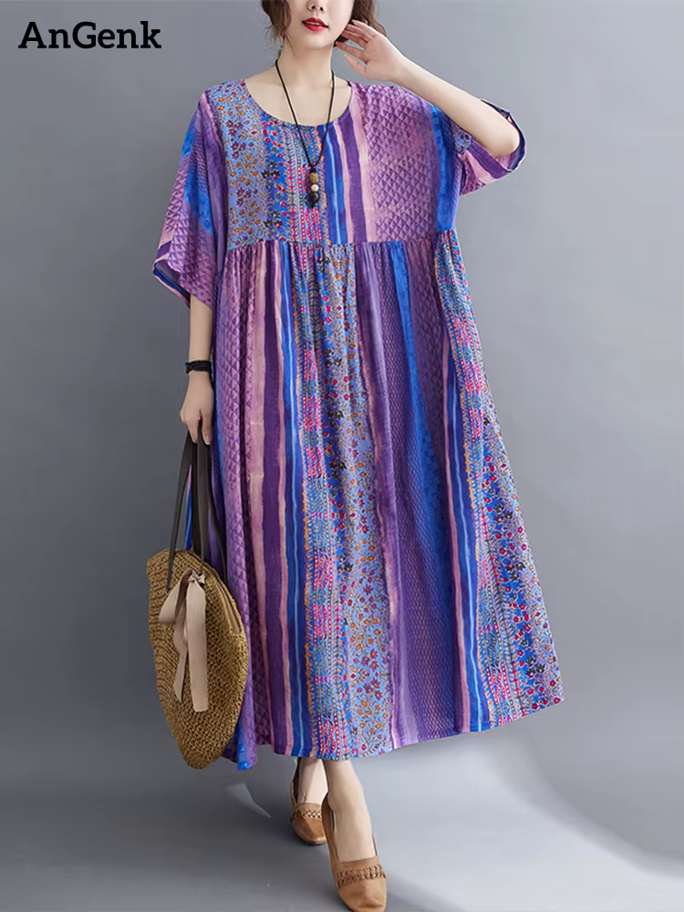Manches courtes coton lin Vintage violet robes florales pour les femmes décontracté ample longue rob