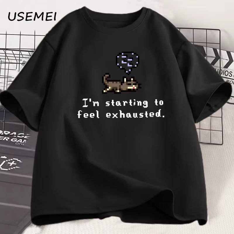 T-shirt manches courtes en coton, imprimé chat endormi, I'm Start To Flag, Exhaustedgraphci