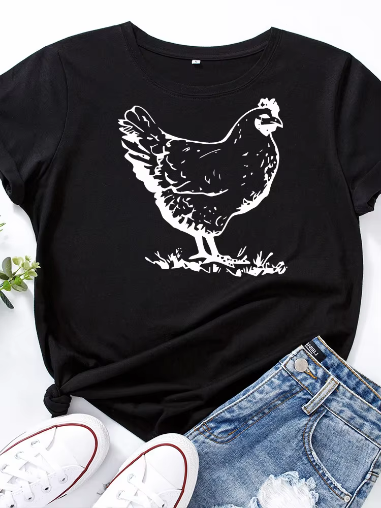 T-shirt manches courtes col rond femme, estival et jetable, avec impression poule blanche