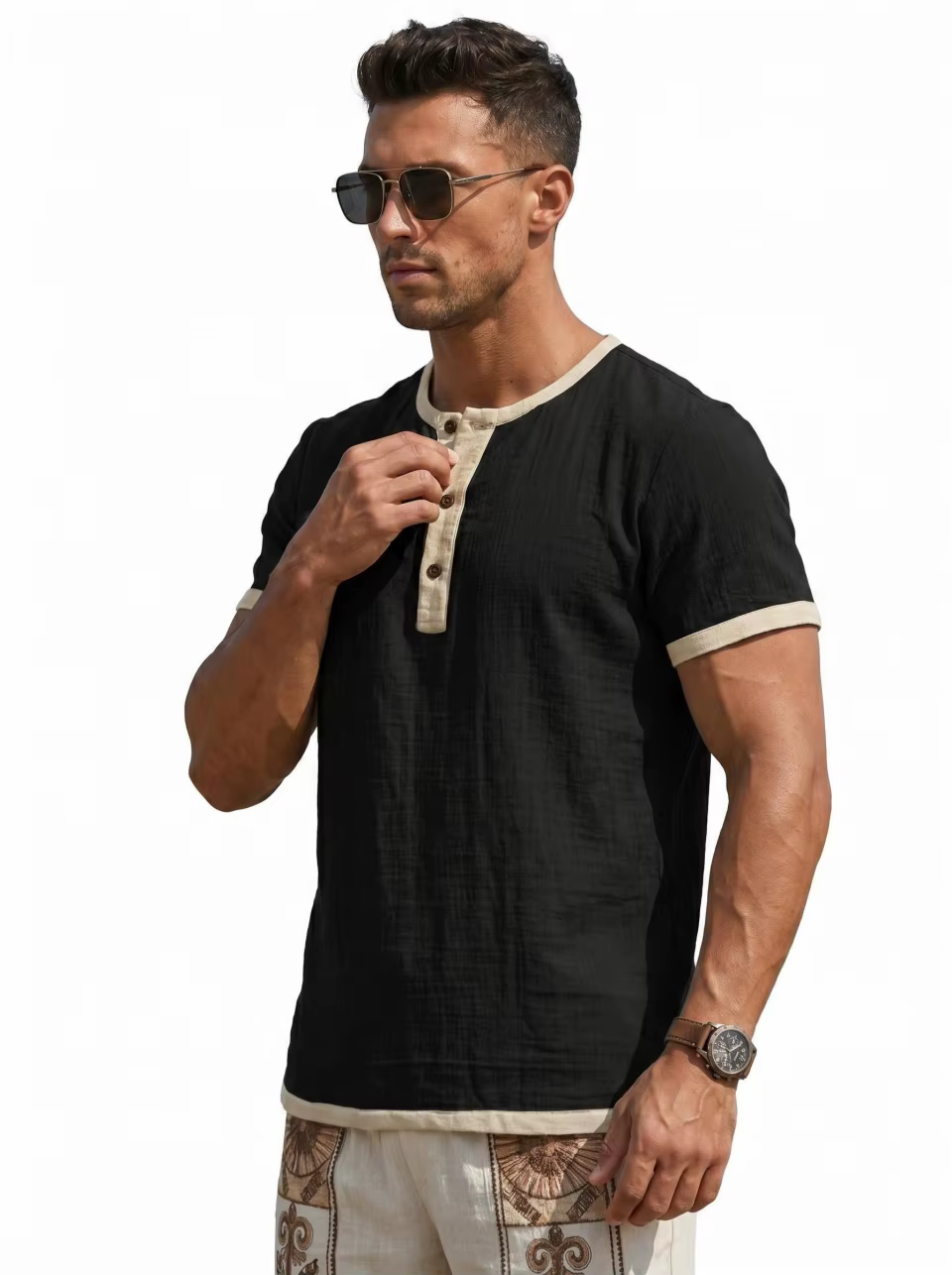 Chemise Henley d'été pour hommes, T-shirt décontracté à manches courtes, bordure contrastée, respira