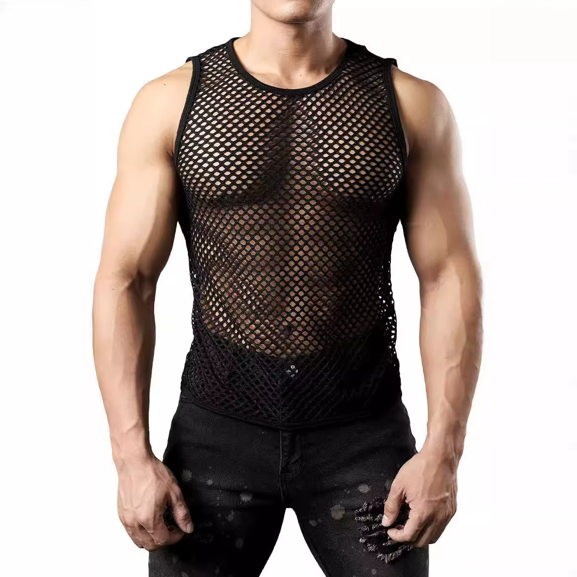 Débardeurs sexy en résille pour hommes, t-shirts sans manches ajourés unis, hauts en maille transpar