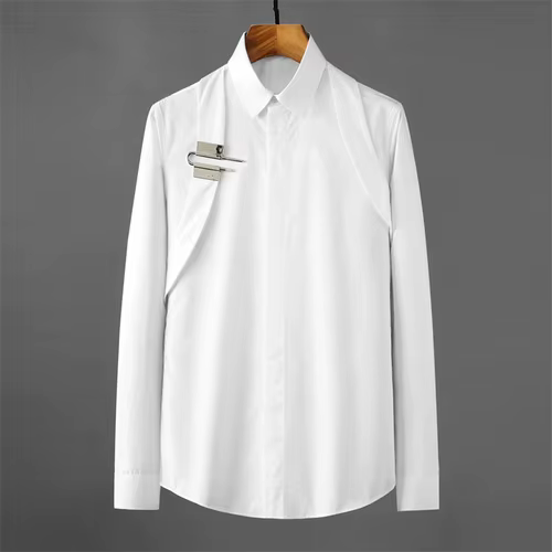 Chemise à manches longues pour hommes, sangle 3D, boucle en métal, col pointu, décontractée, Slim, c
