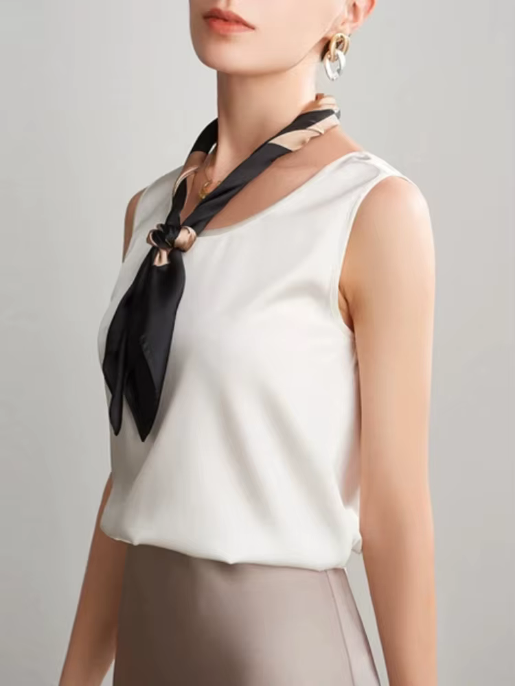 Débardeur en Soie de Mûrier Satinée Été, Haut Polyvalent Décontracté Couleur Champagne pour Femme, N