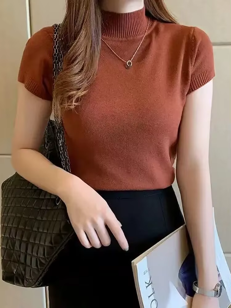 T-Shirt à col mi-haut pour femmes, pull à la mode, hauts décontractés, Style coréen, vêtements éléga