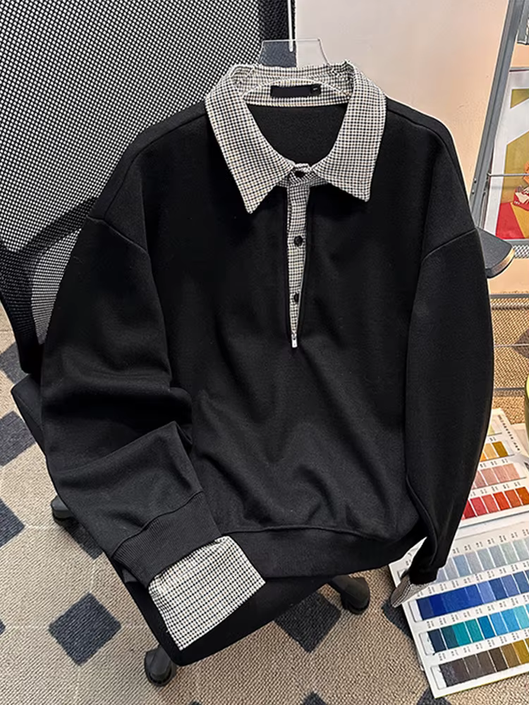 Sweat-shirts décontractés à col polo et demi-zip pour hommes, motif écossais, effet deux-pièces, sty