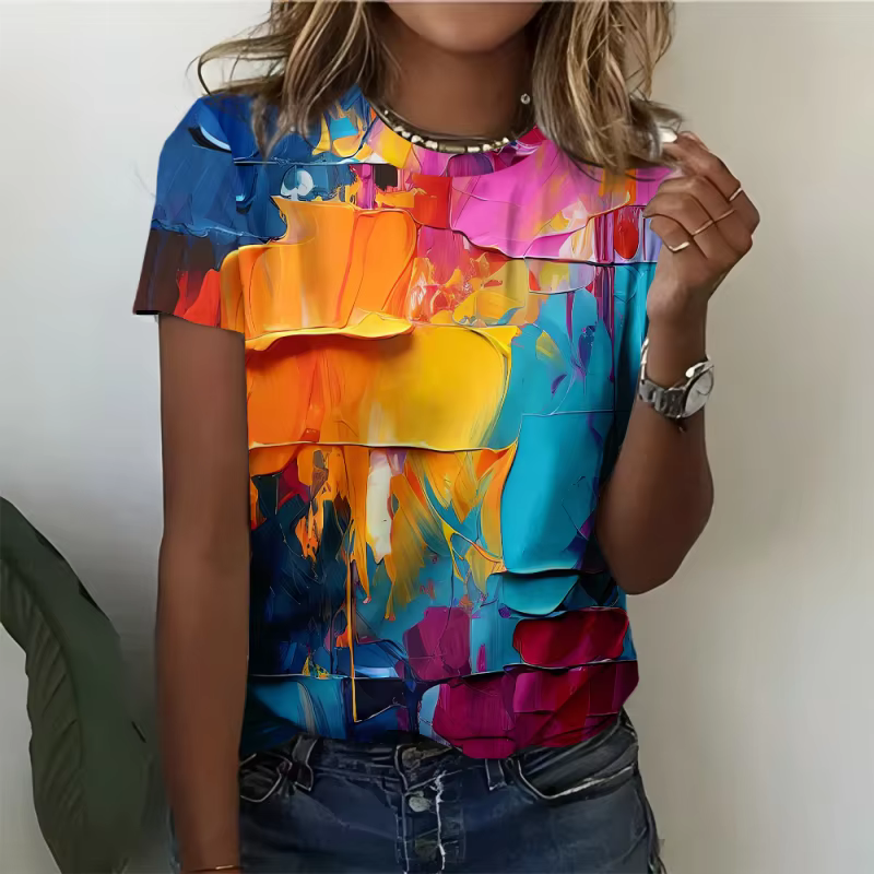 T-shirt manches courtes col rond femme, ample, imprimé en 3D, Fruits colorés, baleine ciel étoilé, é