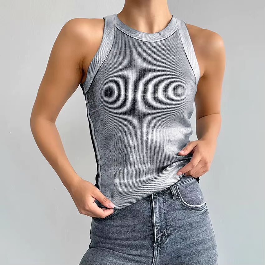 Débardeur en tricot argenté pour femme, coupe ajustée, collection Printemps 2026