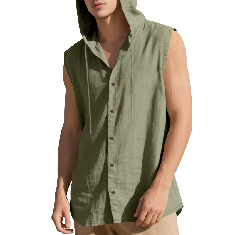 Chemise sans manches décontractée en lin pour homme, collection été 2026, avec capuche, couleur unie