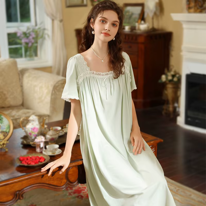 Femmes été manches courtes vêtements de nuit en coton dentelle française col carré chemise de nuit a