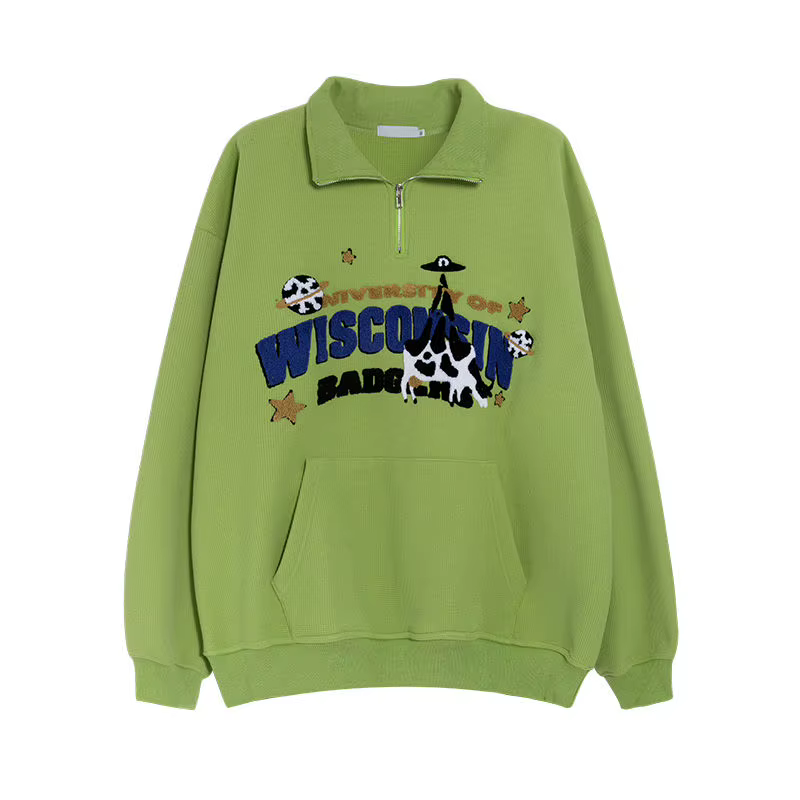 Avocat vert mignon vache broderie POLO sweat demi fermeture éclair ample décontracté étudiants fille