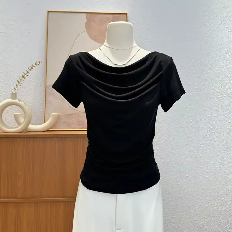 T-shirt drapé à col bénitier et manches courtes pour femme, en modal, coupe ajustée, taille froncée,