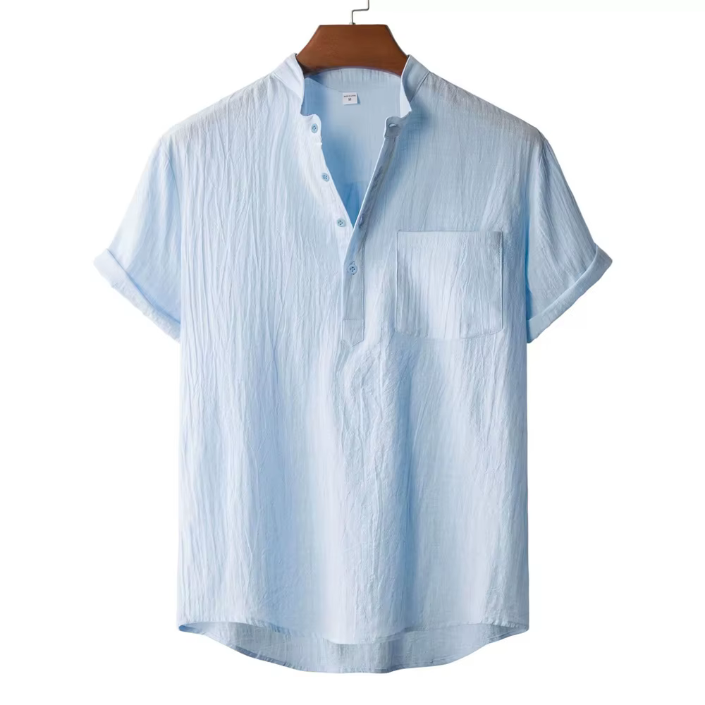 T-shirt d'été en coton et lin pour hommes, Style plage, manches courtes, col Henley, vacances hawaïe