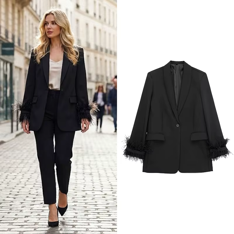 Willshela femmes mode Satin noir avec plume Blazer veste Vintage col cranté bouton unique manches lo