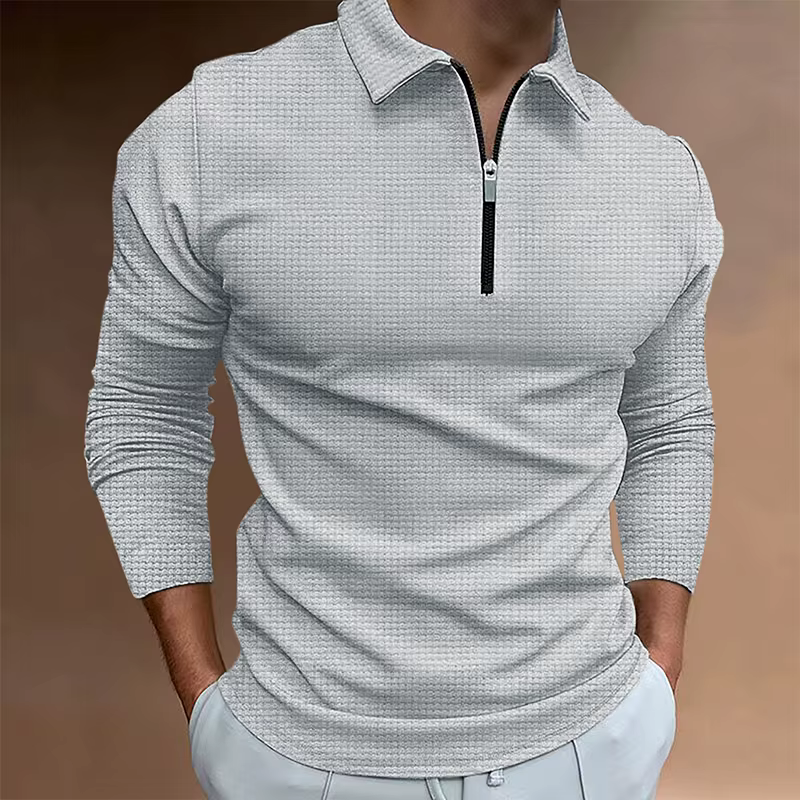 Polo d'été à manches longues pour hommes, couleur unie, col inférieur, fermeture éclair, T-shirt déc