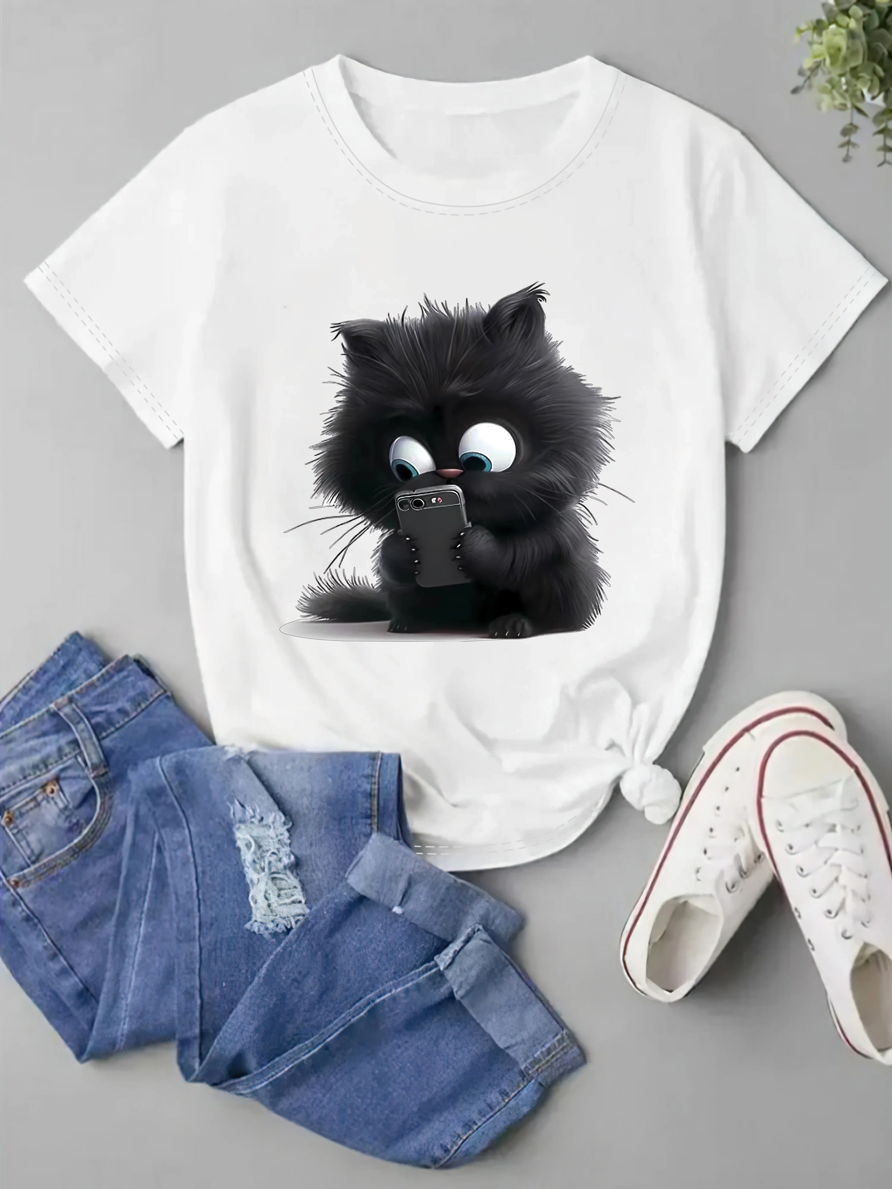 Fantaisie dessin animé chat imprimé T-Shirt col rond manches courtes T-Shirt décontracté pour les am