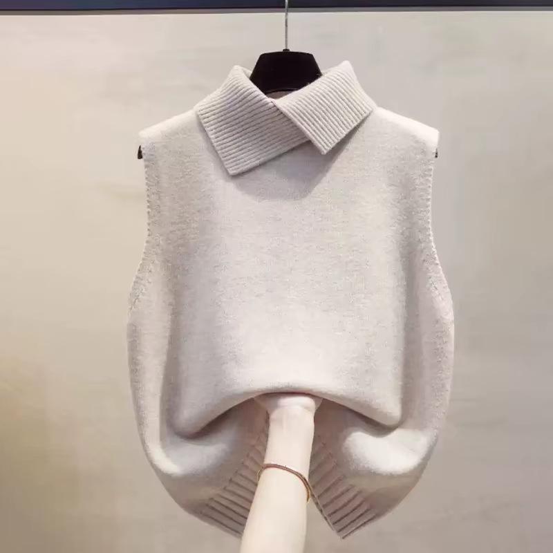 Automne hiver coréen couleur unie revers sans manches polyvalent décontracté tricoté gilet pour les