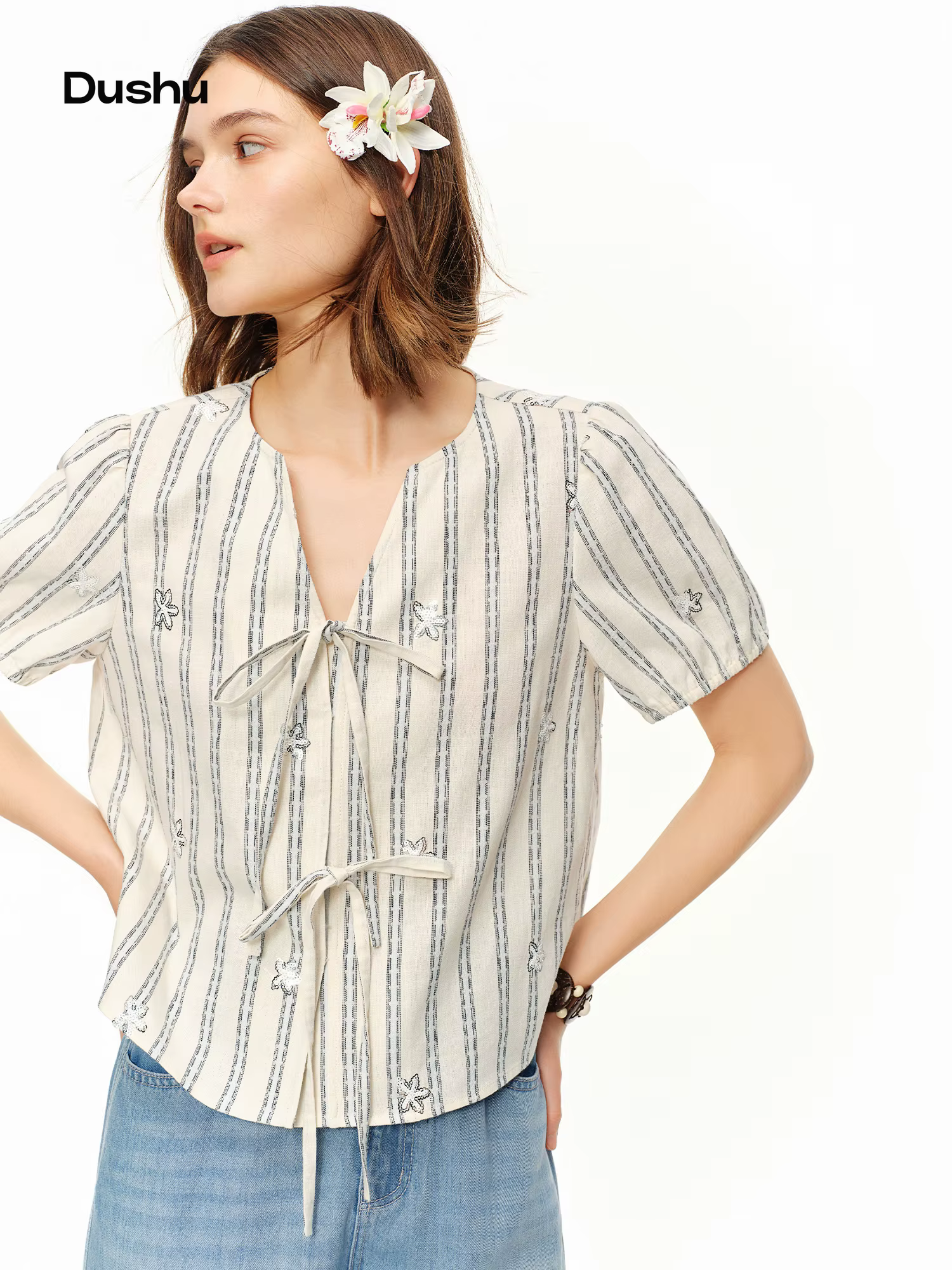 DUSHU 2026 Nouvelle Blouse d'été rayée à col en V et manches courtes pour femme, Top en lin et coton