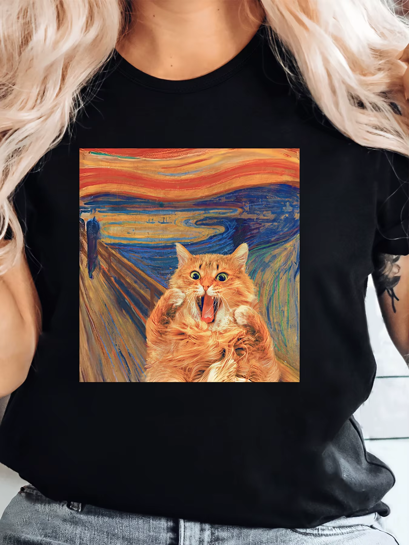 T-shirt à manches courtes imprimé chat effrayant vintage pour femmes, haut en coton, col rond, class