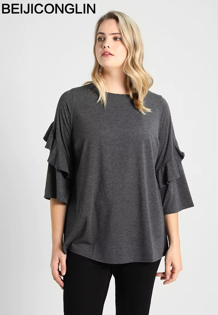 T-shirt en coton à manches trois quarts pour femmes, haut à volants, chemisier grande taille, 6XL, 7