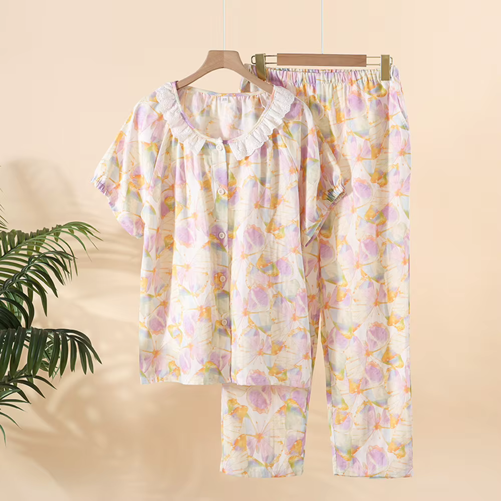 Ensemble pyjama en coton et Viscose pour femmes, pantalon élégant imprimé Floral, avec col à revers,
