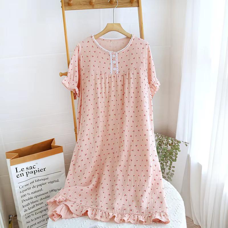 Chemise de nuit à manches courtes femmes dentelle cerise imprimé chemise de nuit Style japonais minc