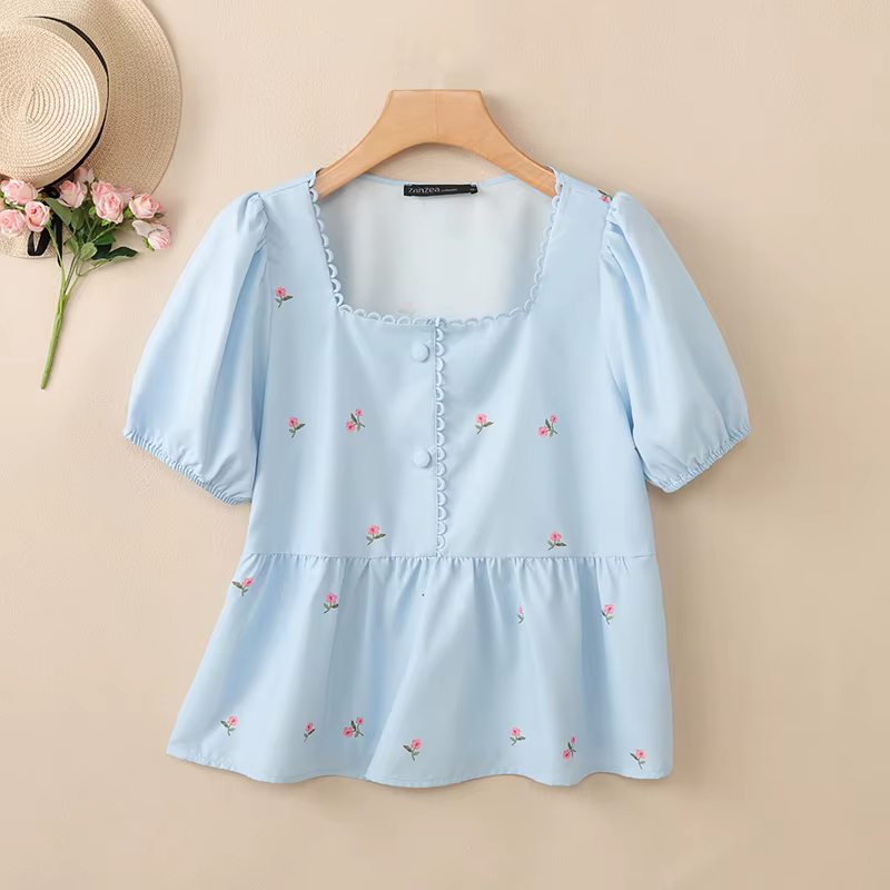 ZANZEA – Hauts à volants pour femmes, imprimé floral, col carré, manches courtes bouffantes, bordure