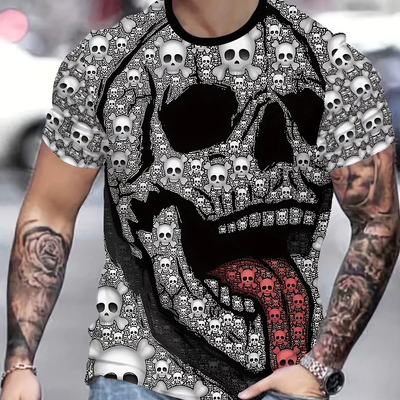 T-shirt pour homme à imprimé crâne 3D, col rond, manches courtes, style gothique sombre, tee-shirt g