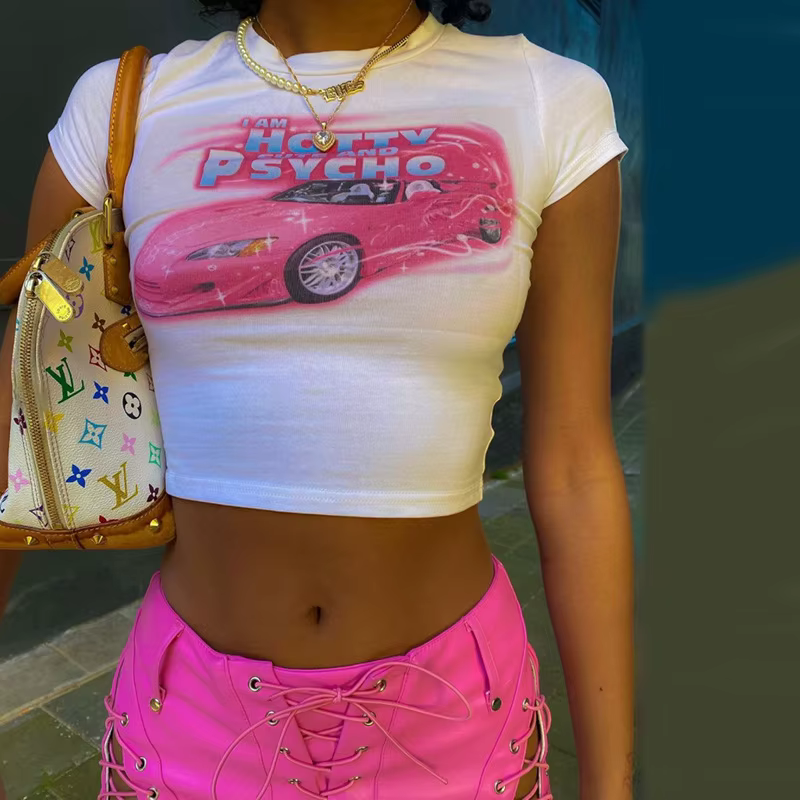 Haut court à manches courtes et col rond pour femmes, Streetwear décontracté et Slim, avec impressio