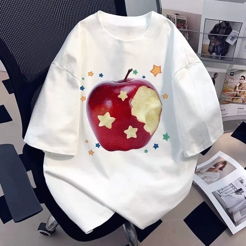 T-shirt décontracté pour femme, nouvelle collection été, à manches courtes, imprimé pomme rouge et é