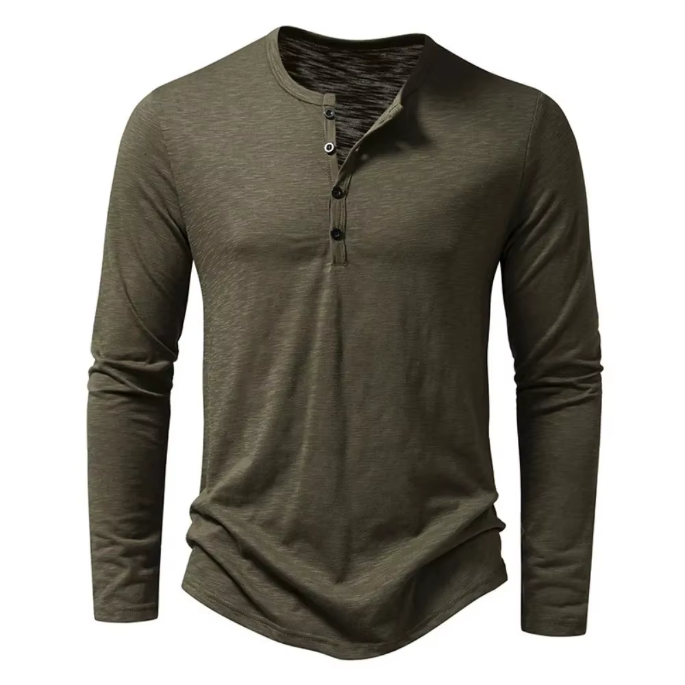 T-Shirt à Manches sulfet Col Henley en Coton pour Homme, Décontracté, Solide, Respirant, Polyvalent,