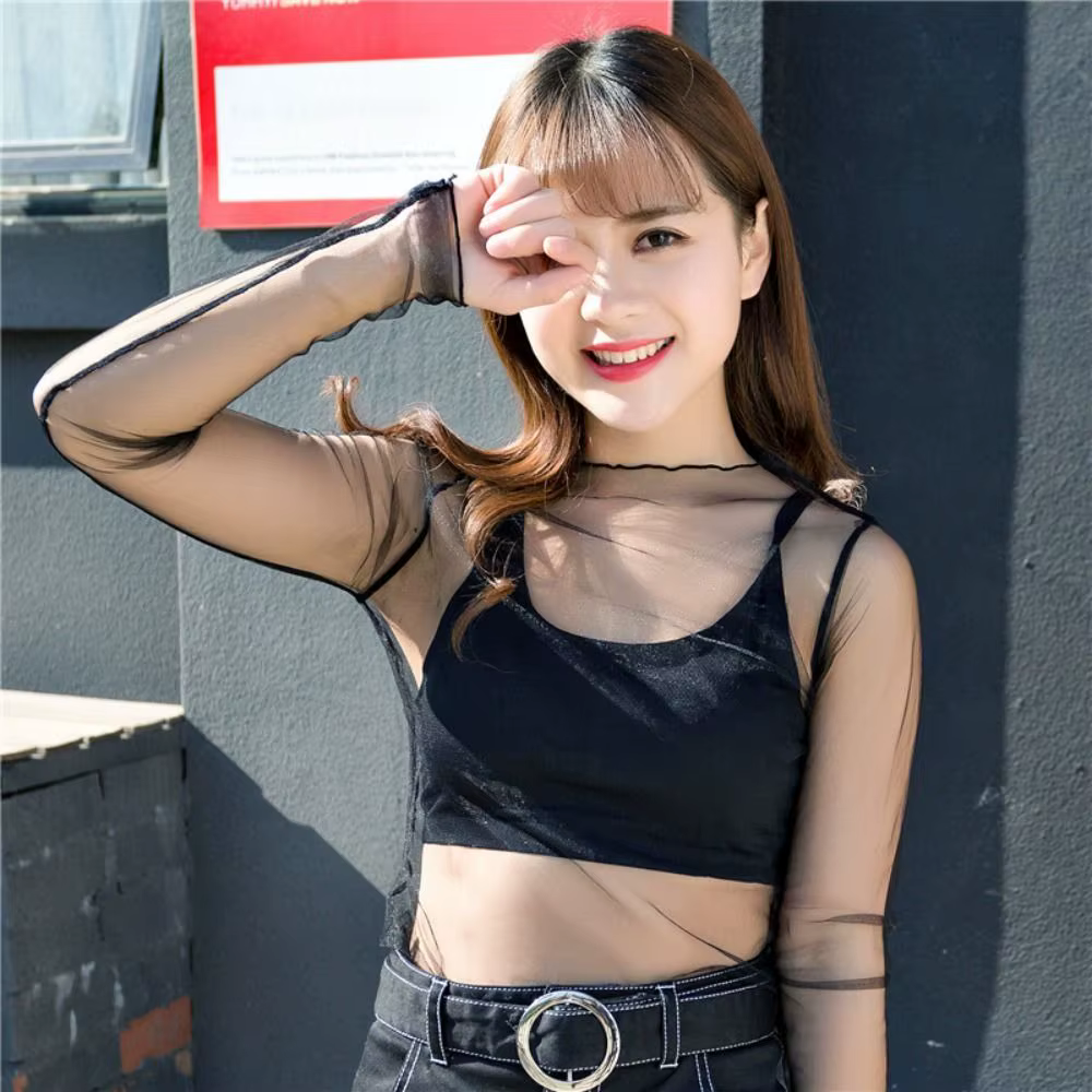 Transparent dentelle T-shirt maille résille à manches longues maille dames hauts Blouses pure noir T