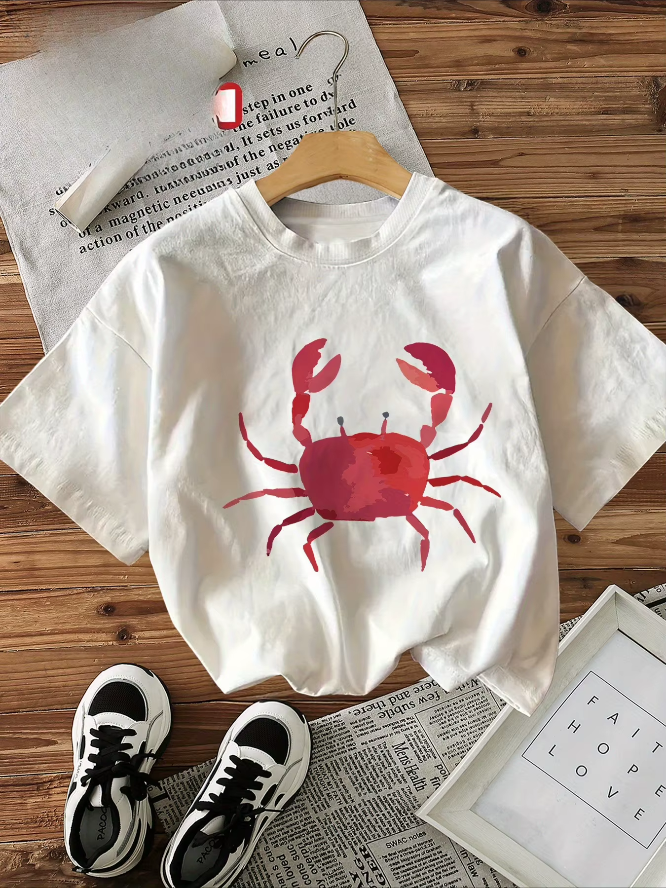 Motif de crabe imprimé T-Shirt créatif Style Simple à manches courtes col rond été femme haut décont