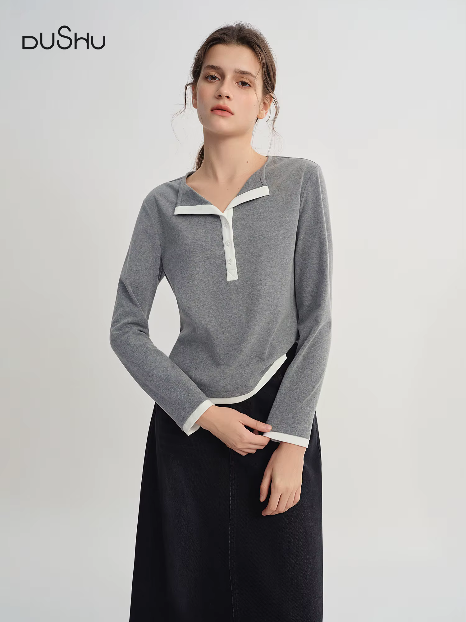 DUSHU automne 2025 T-Shirt à manches longues pour femmes-haut à col Henley à blocs de couleurs contr