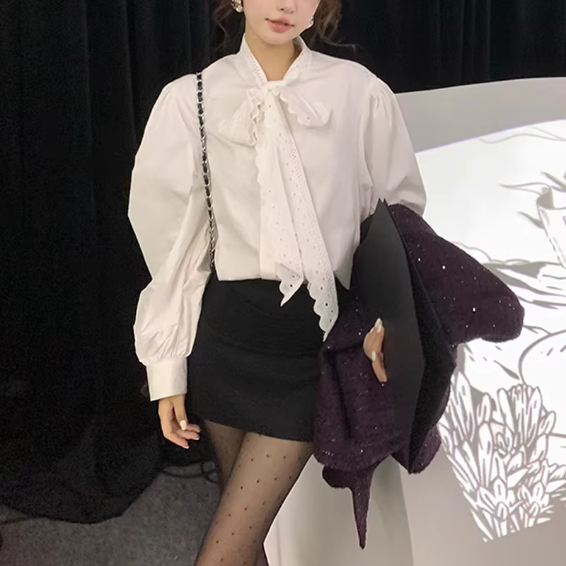 Chemise à volants en dentelle élégante et polyvalente pour femmes, Design de chemise rétro français
