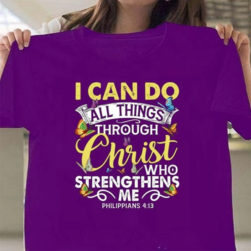 T-shirt manches courtes col rond femme, imprimé I Can Do All Thing Through Christ