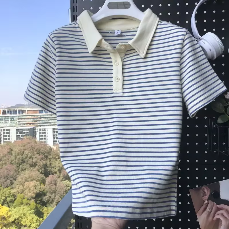 T-shirt à manches courtes et col Polo pour femmes, rayé, mode Y2k, esthétique avec col, vêtements co