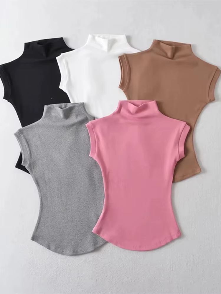 Femmes été Sexy col roulé sans manches T-Shirts hauts solide coupe ajustée pulls t-shirts décontract