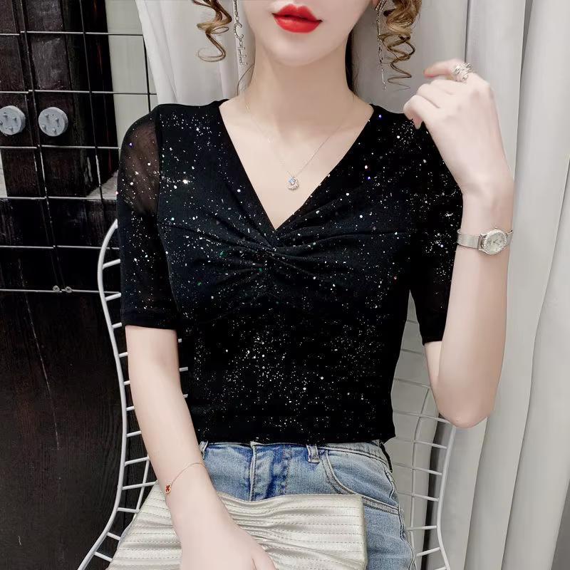 Femmes à manches courtes maille T-shirt été brillant fond haut décontracté brillant soie plissée che