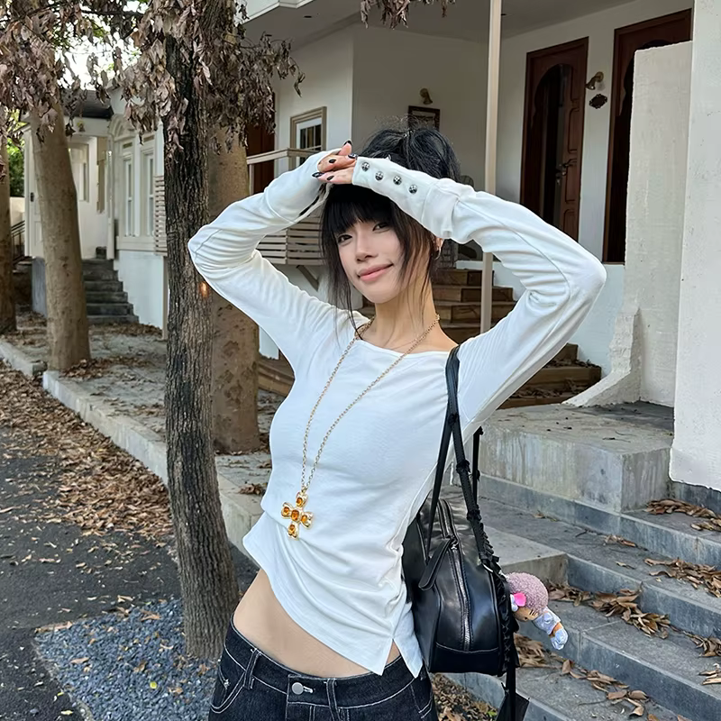 Tonngirls américain rétro imprimé T-shirt femmes à manches longues bouton graphique hauts Y2k hauts