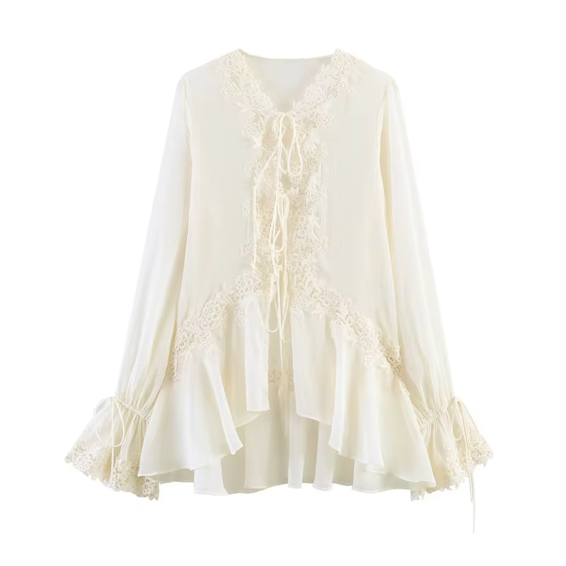 Chemisier en mousseline de soie blanche transparente pour femme, chemisiers en dentelle sexy, chemis