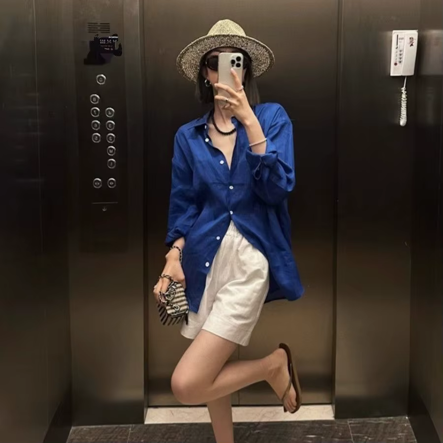 Chemise française à manches longues en lin pour femmes, haut de protection solaire fin et ample pour