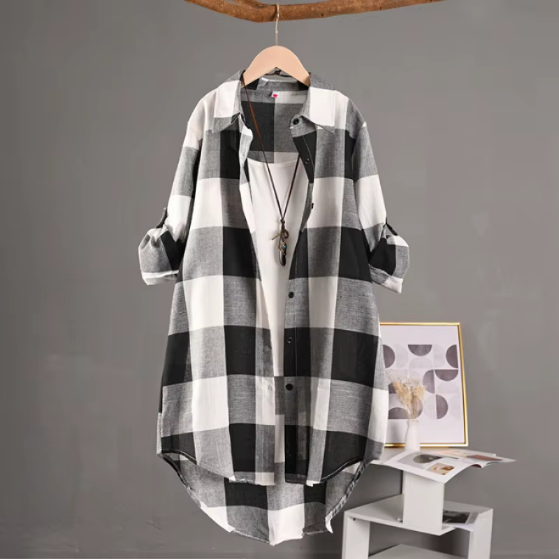 Chemise à carreaux à manches longues pour femmes, chemisiers décontractés, chemisier chic, lin, coto
