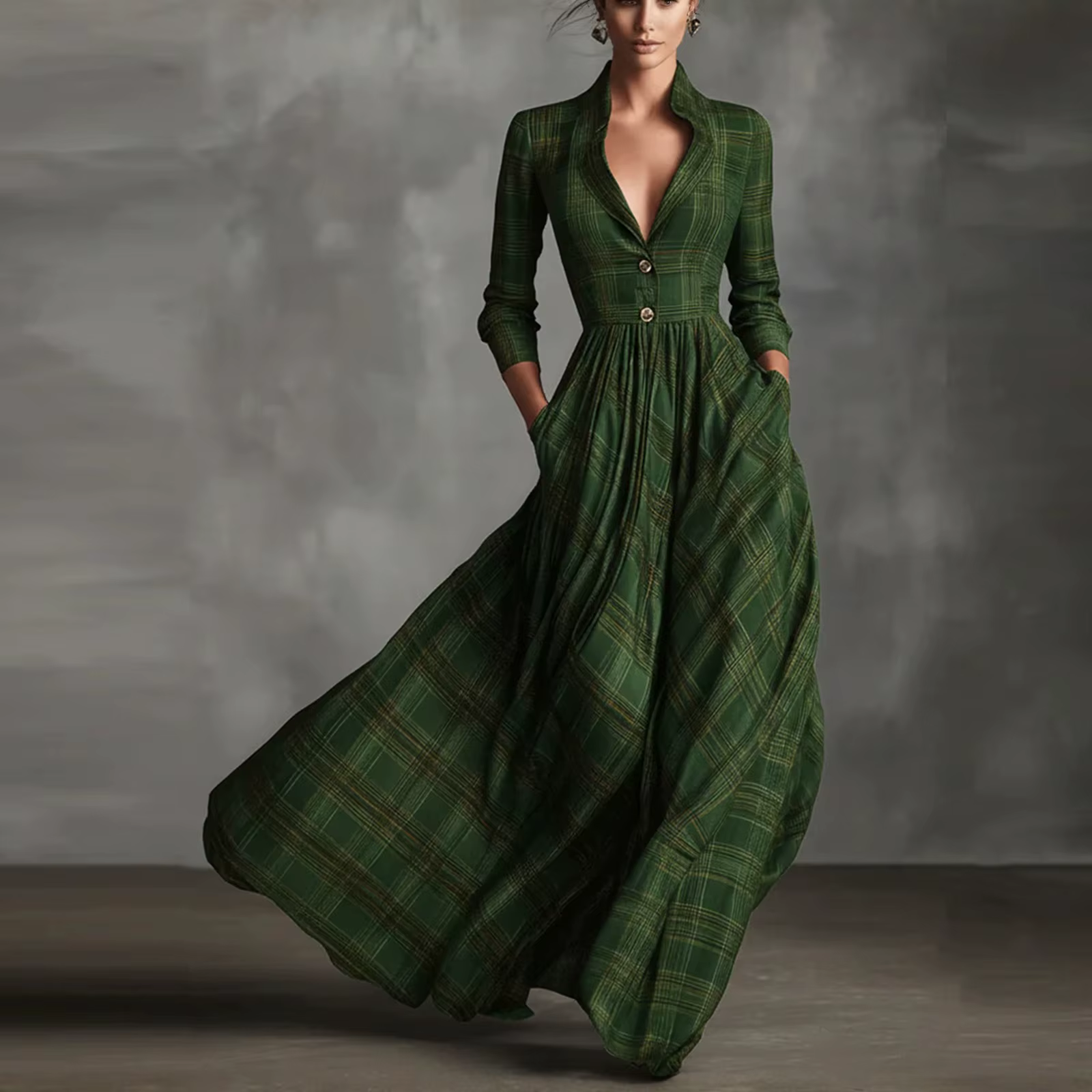 Robe chemise à carreaux pour femmes, col en V, simple boutonnage, ourlet asymétrique, poche, robe ma