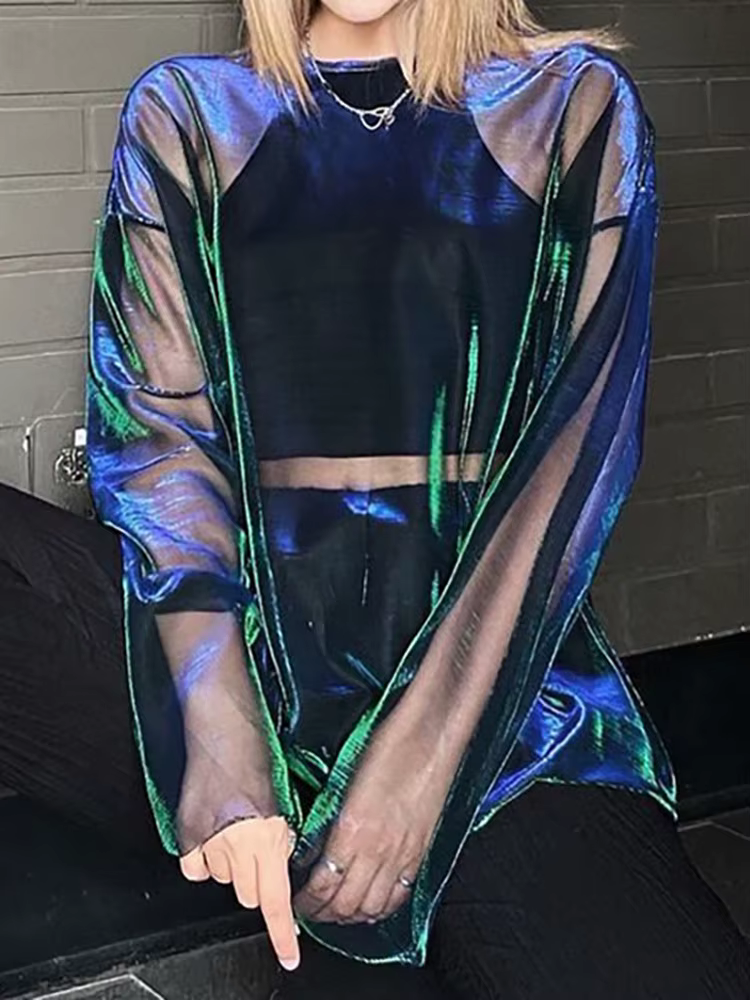 T-shirt transparent à manches longues et col rond pour femme, vêtement Y2k, Sexy, surdimensionné, te