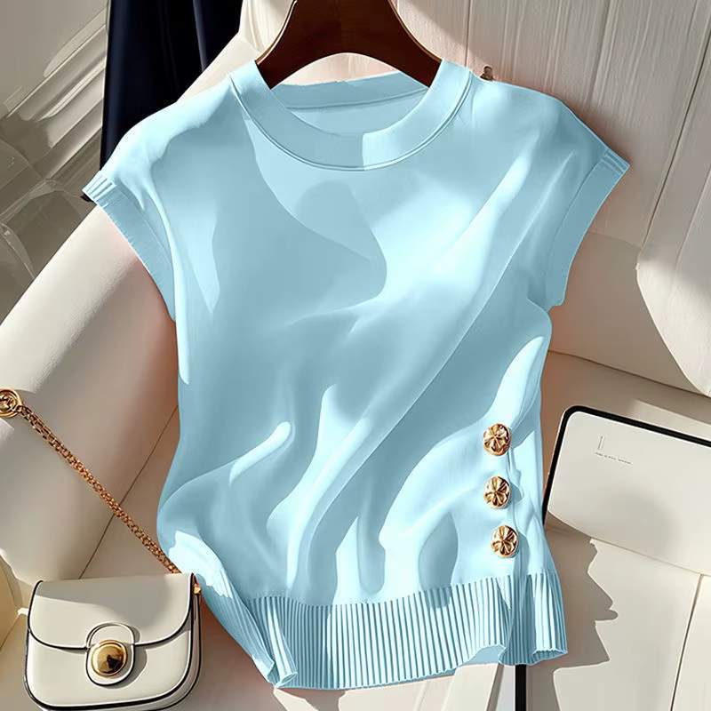 Nouveau pull coréen d'été 2026 à col rond pour femme – Chic, confortable, ajusté, sans manches, en m