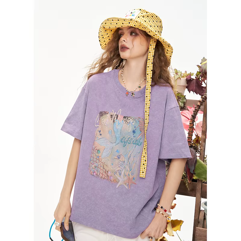 ELFSACK T-shirt surdimensionné à imprimé sirène pour femme, tee-shirt violet délavé vintage avec mot