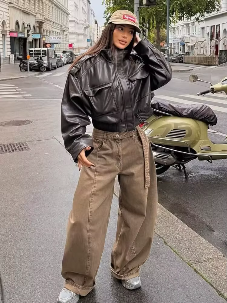 HH mode printemps femmes Faux cuir recadrée veste 2026 Vintage col rabattu fermeture éclair manches