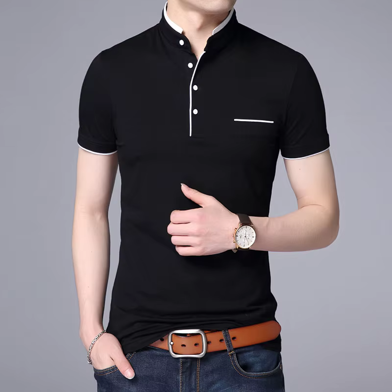 Polo à col mandarin pour hommes, coupe couvertes, bouton de document solide, polos respirants, vêtem