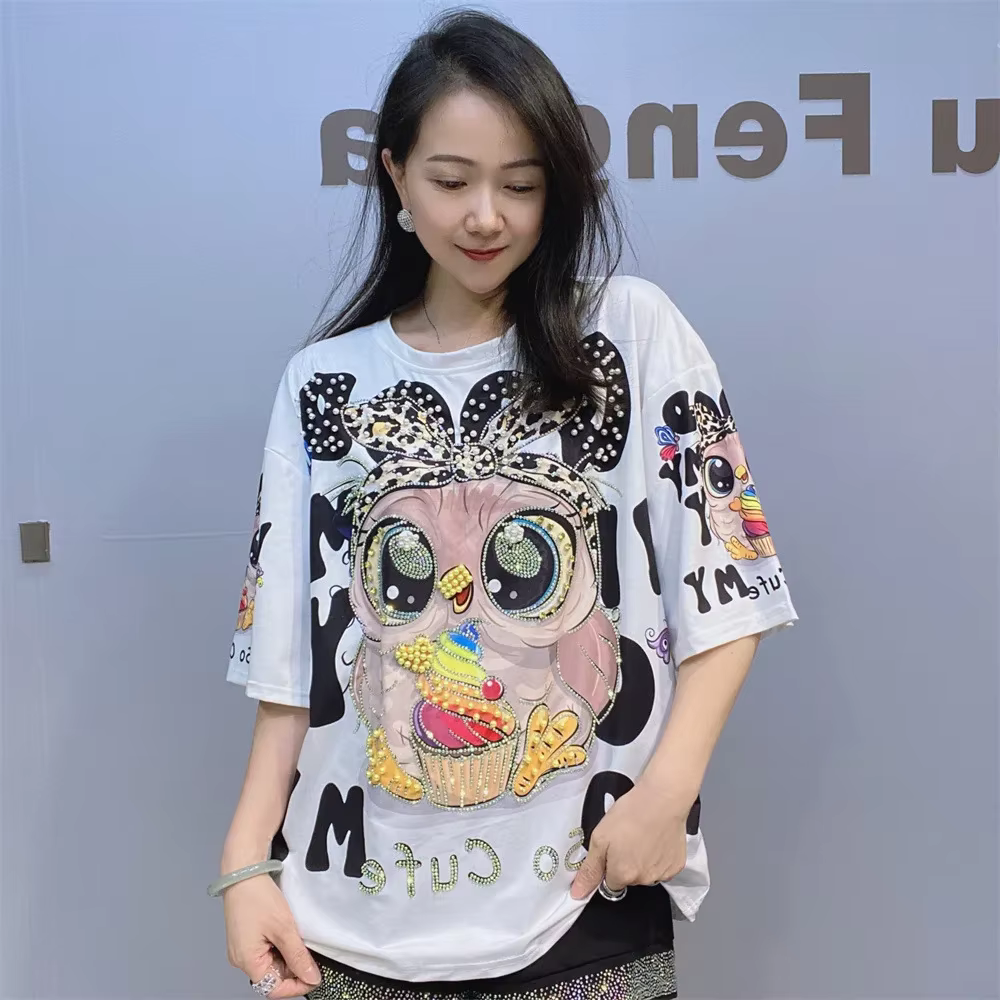 Mode imprimé t-shirts pour femmes vêtements d'été décontracté 3D motif de dessin animé diamants chau